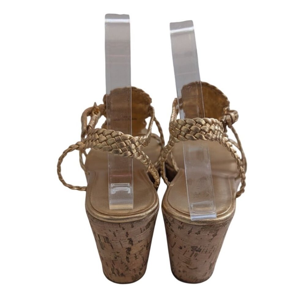 Kate Spade New York Becca Gold Braided Leather Cork Platform Wedge Sandals Sz 8 - Picture 5 of 10